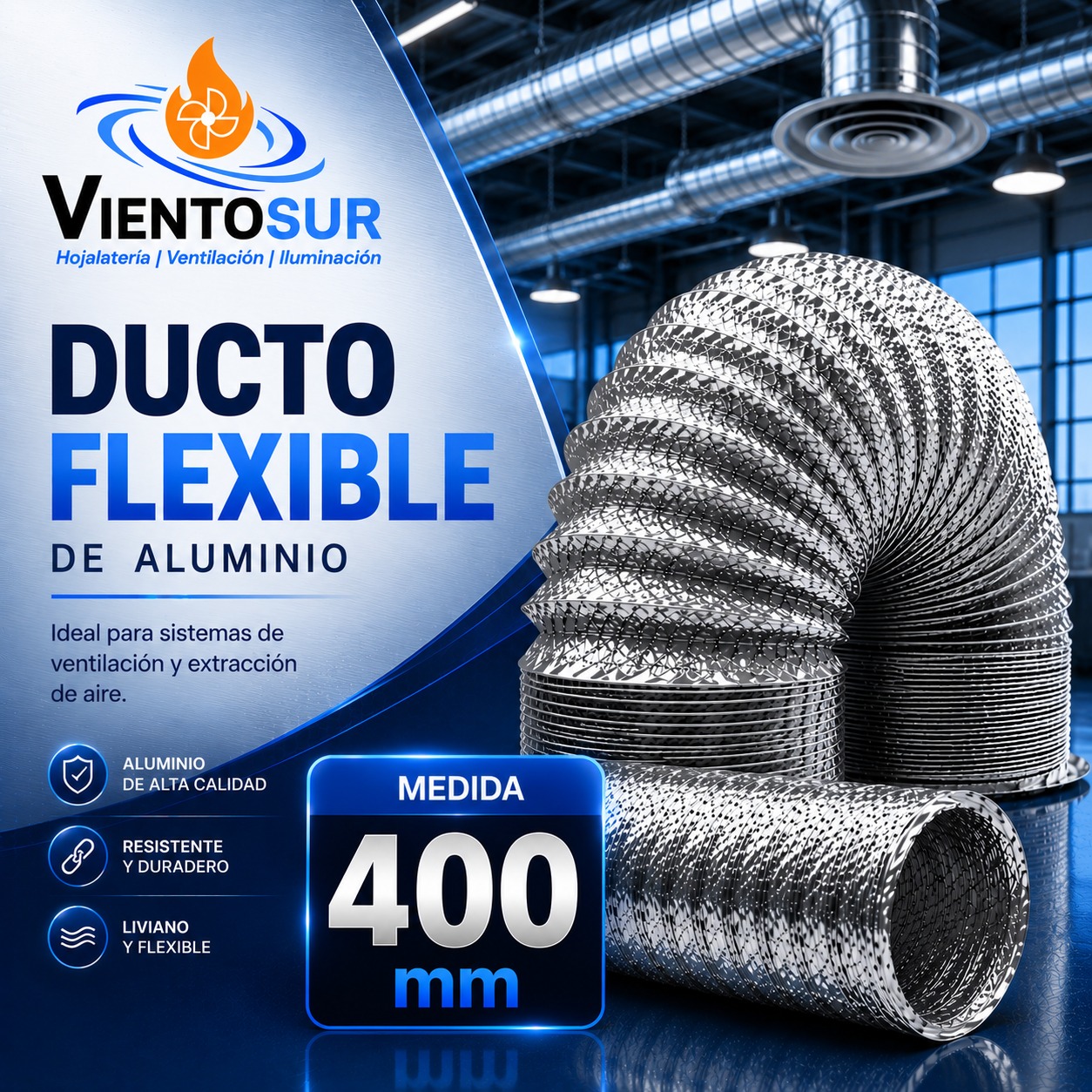Ducto Flexible de Aluminio 40 cm (16”) x 5 Metros – VientoSur