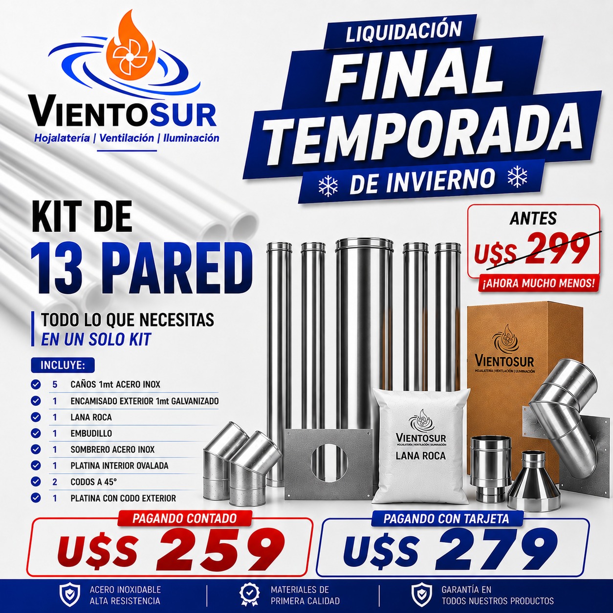 Kit Calefactor 13 cm (130 mm / 5”) – Instalación por Pared – VientoSur