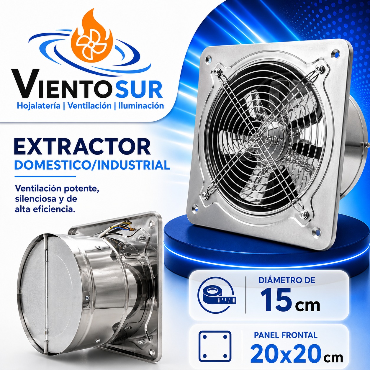 Extractor de Aire Semi-Industrial Acero Inoxidable 15 cm – 450 m³/h – VientoSur