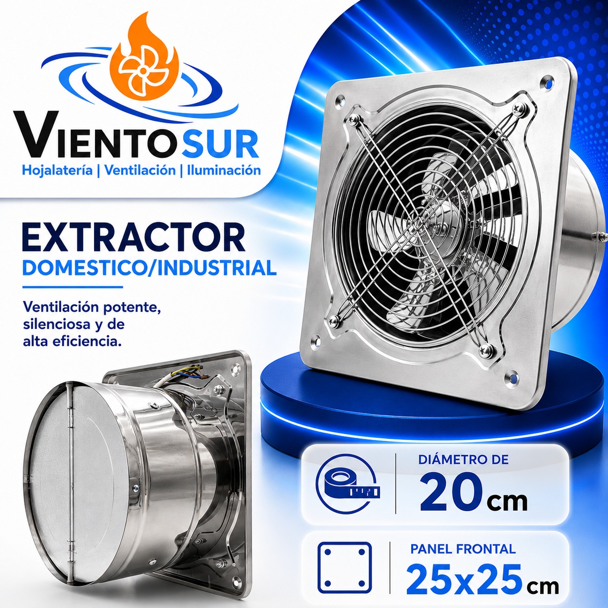 Extractor de Aire Semi-Industrial Acero Inoxidable 20 cm – 700 m³/h – VientoSur