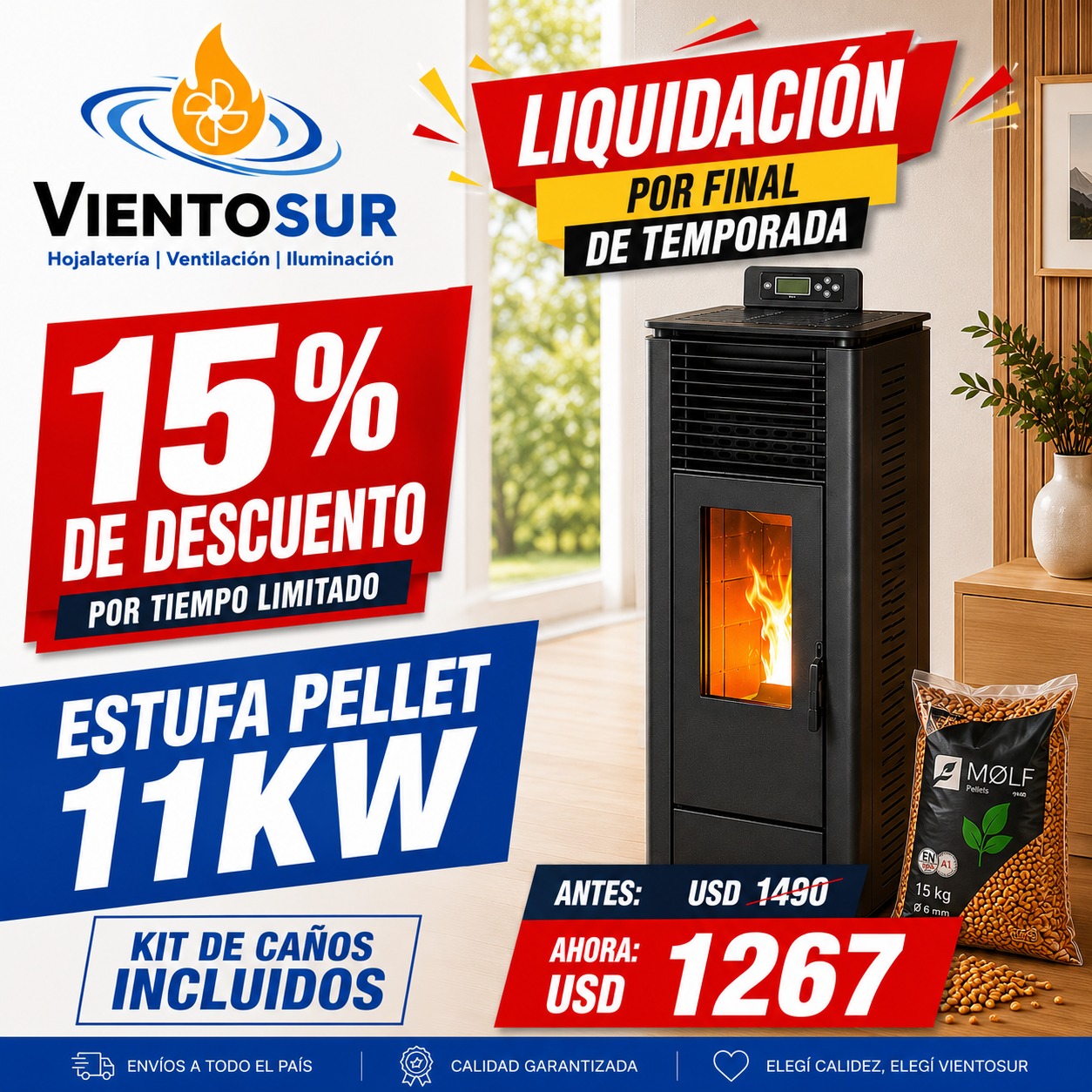 Calefactor A Pellet 11kw 110m2 + Kit De Caños