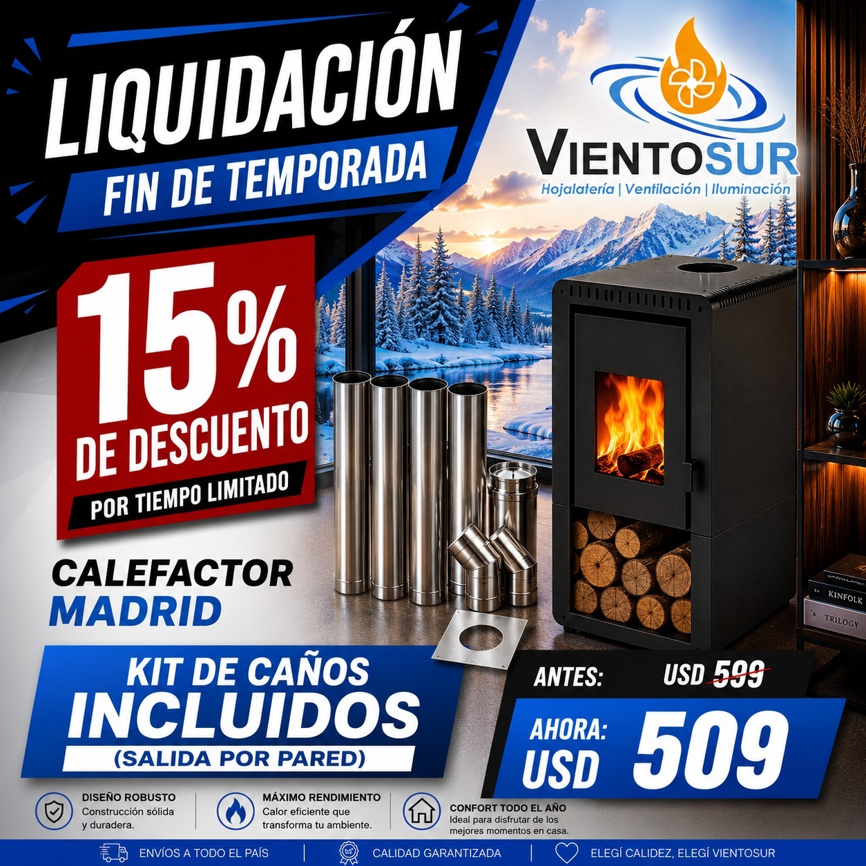Calefactor A Leña + Kit Salida Pared Madrid Hasta 55m2